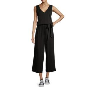 Time and Tru L (12-14) Jumpsuit Cropped Black Sleeveless V-Neck Belted Pockets